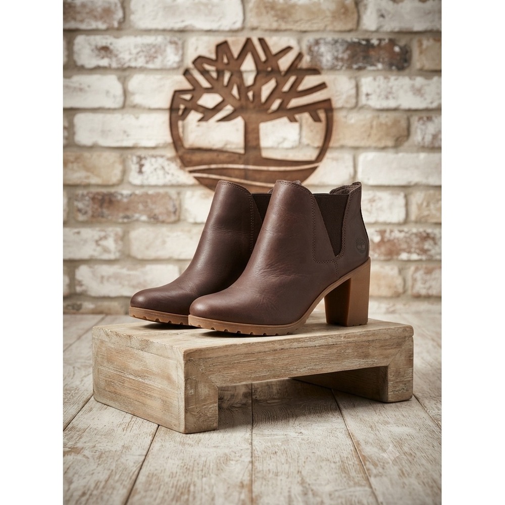 Timberland Sienna‎ High Chelsea Boots Brown Leather Block Heel A2A4J Womens 8.5